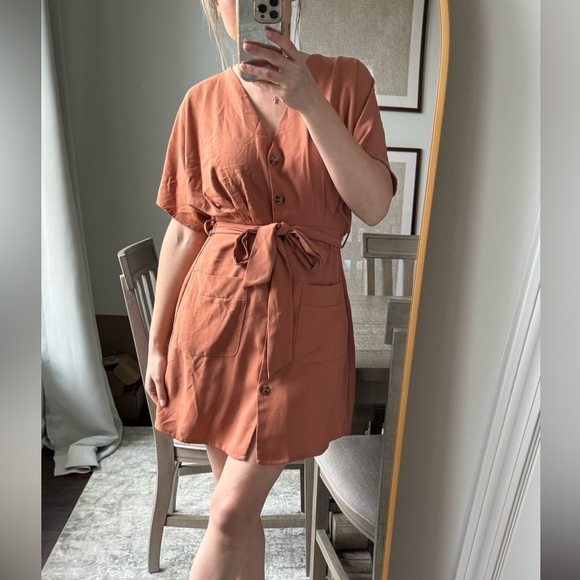 Women's Orange Rust Button-Down Tie Belt Dress - Picture 9 of 10
